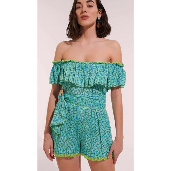 Poupette St Barth Bella Short Jumpsuit •XS• Sky Abori Off Shoulder Romper $350